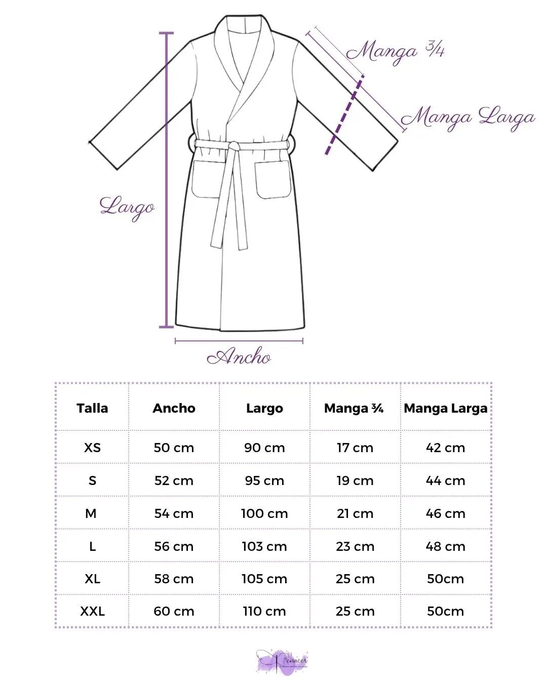 Guía de tallas de batas de lino gaza hechas a mano en Costa Rica