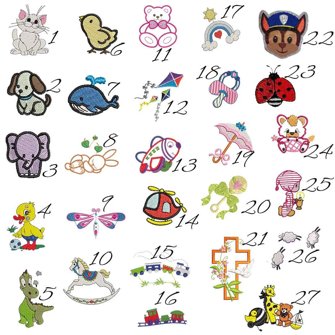 Catálogo de bordados clásicos para toallas infantiles, con diseños de gato, pollito, oso y arcoíris