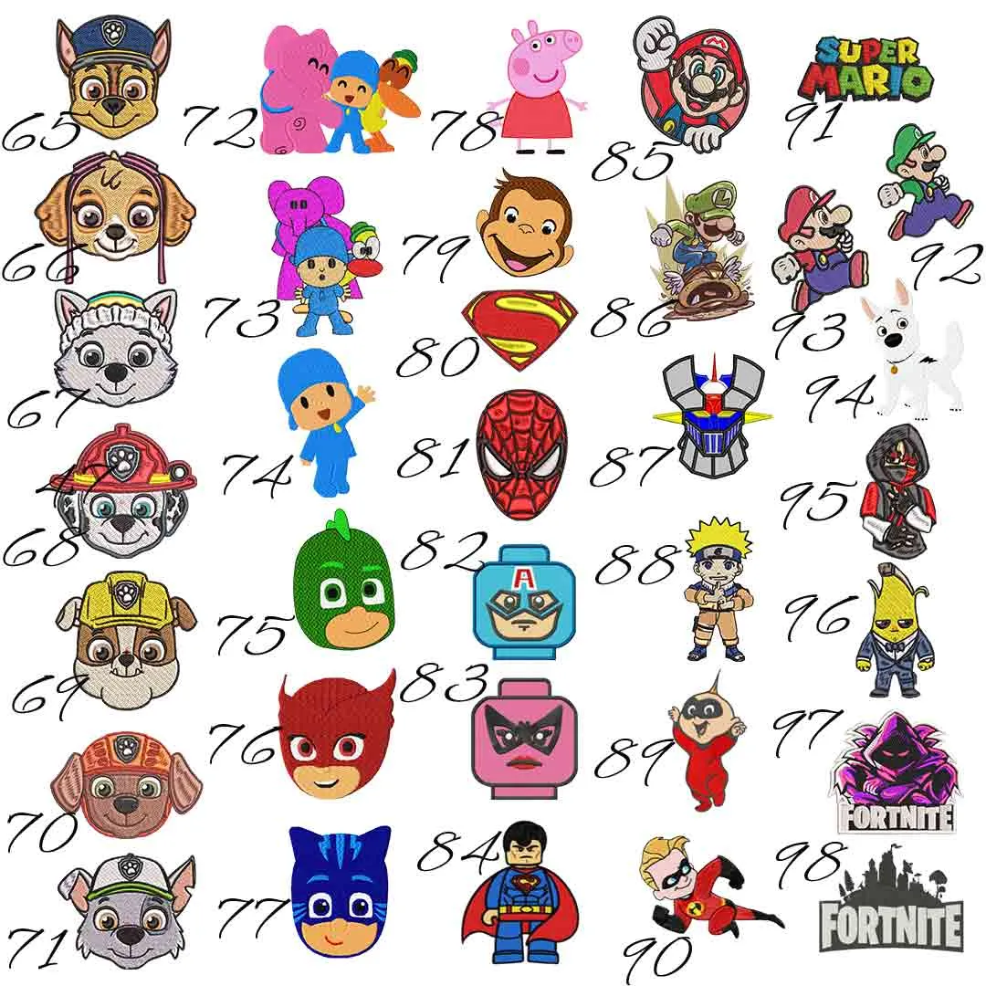 Catálogo de bordados de dibujos animados para toallas infantiles, con diseños de Paw Patrol y PJ Masks