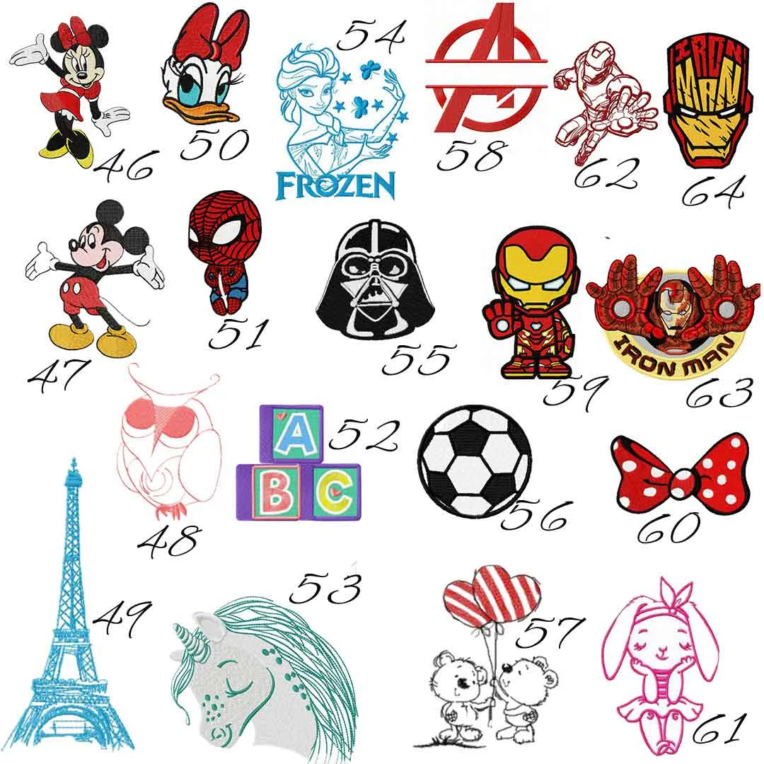 Catálogo de bordados de Disney y superhéroes para toallas, con diseños de Mickey, Spiderman y Elsa