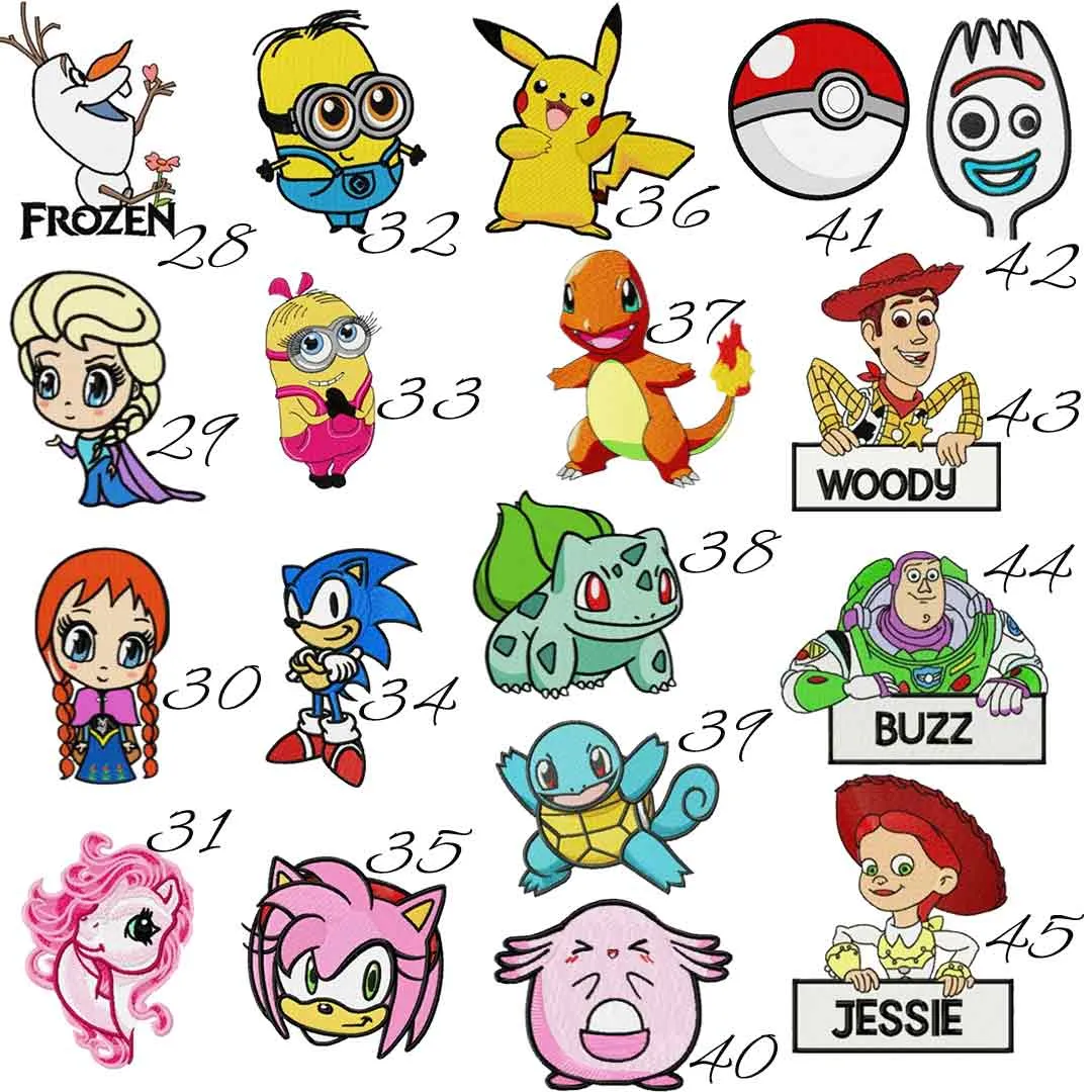 Catálogo de bordados de Pokémon y Pixar para toallas de niño, con diseños de Forzen, Pikachu y Buzz Lightyear