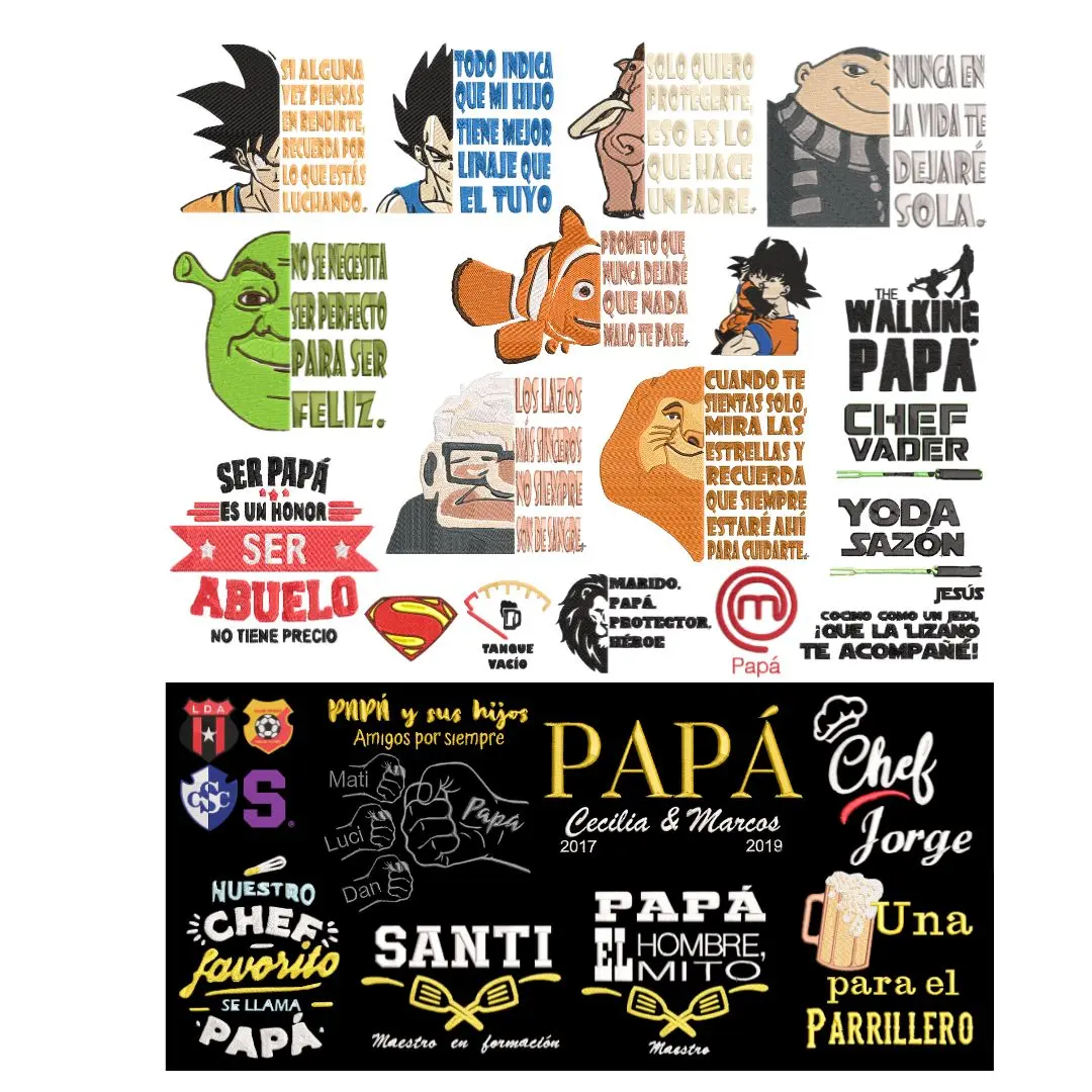Catálogo de diseños de bordados personalizados para hombre, con frases y personajes como Dragon Ball y Shrek