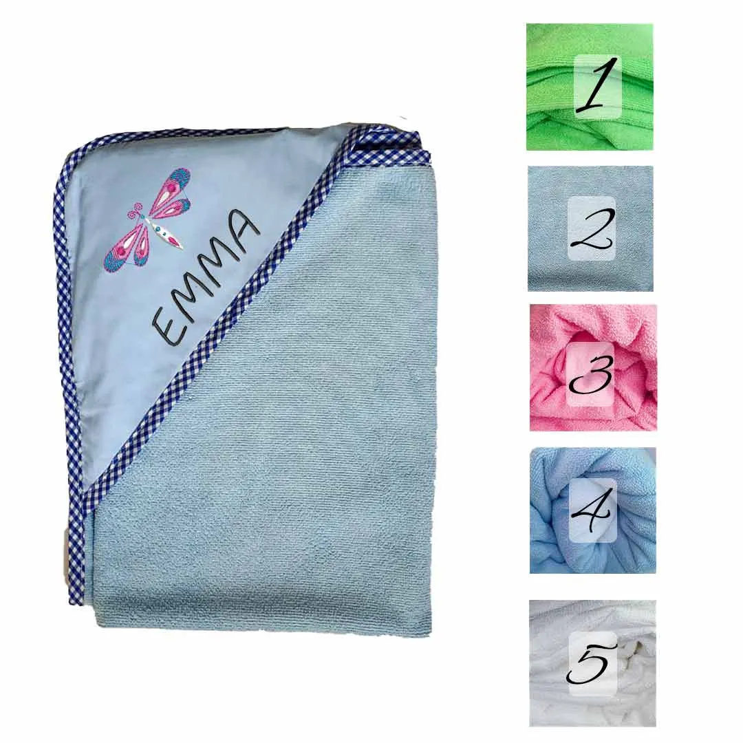 Muestrario de 5 colores de tela para toallas con capucha: verde, celeste, rosa, azul y blanco