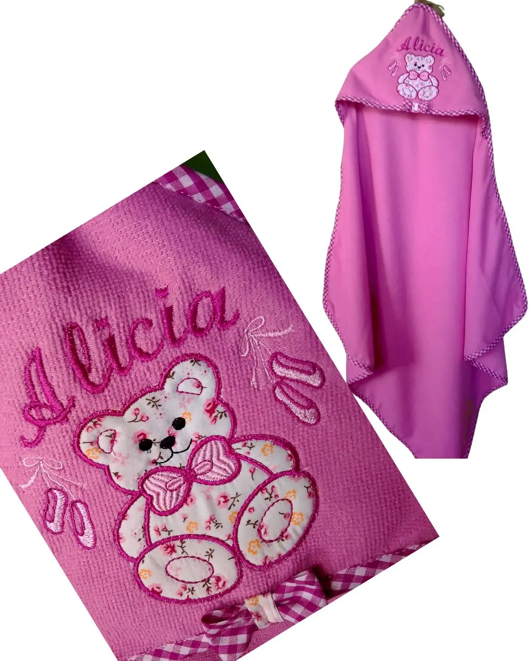 Toalla de baño rosada para niña con un gran bordado de oso de peluche y el nombre Alicia