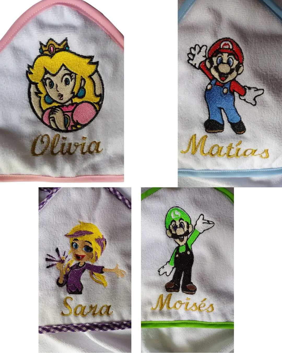 Ejemplos de toallas con capucha personalizadas con bordados de Princesa Peach, Super Mario y Luigi