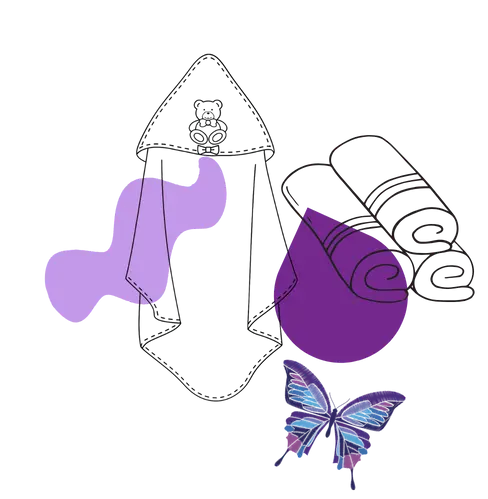 Diseño gráfico con una toalla con capucha, toallas enrolladas y una mariposa en tonos morados