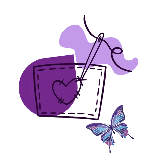 Ilustración de un parche bordado con un corazón siendo cosido a mano sobre tela